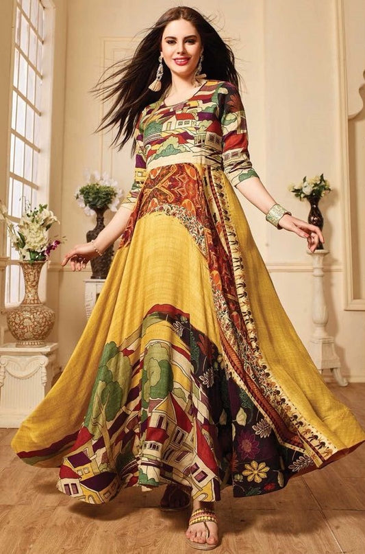 yellow maslin cotton multicolor printed kurti