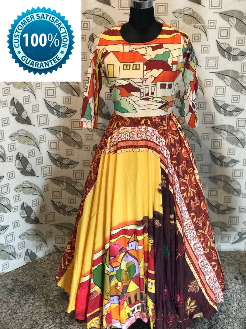 yellow maslin cotton multicolor printed kurti