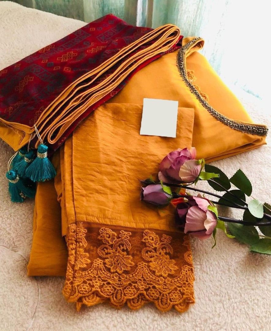 Yellow maslin russel lace salwar suit