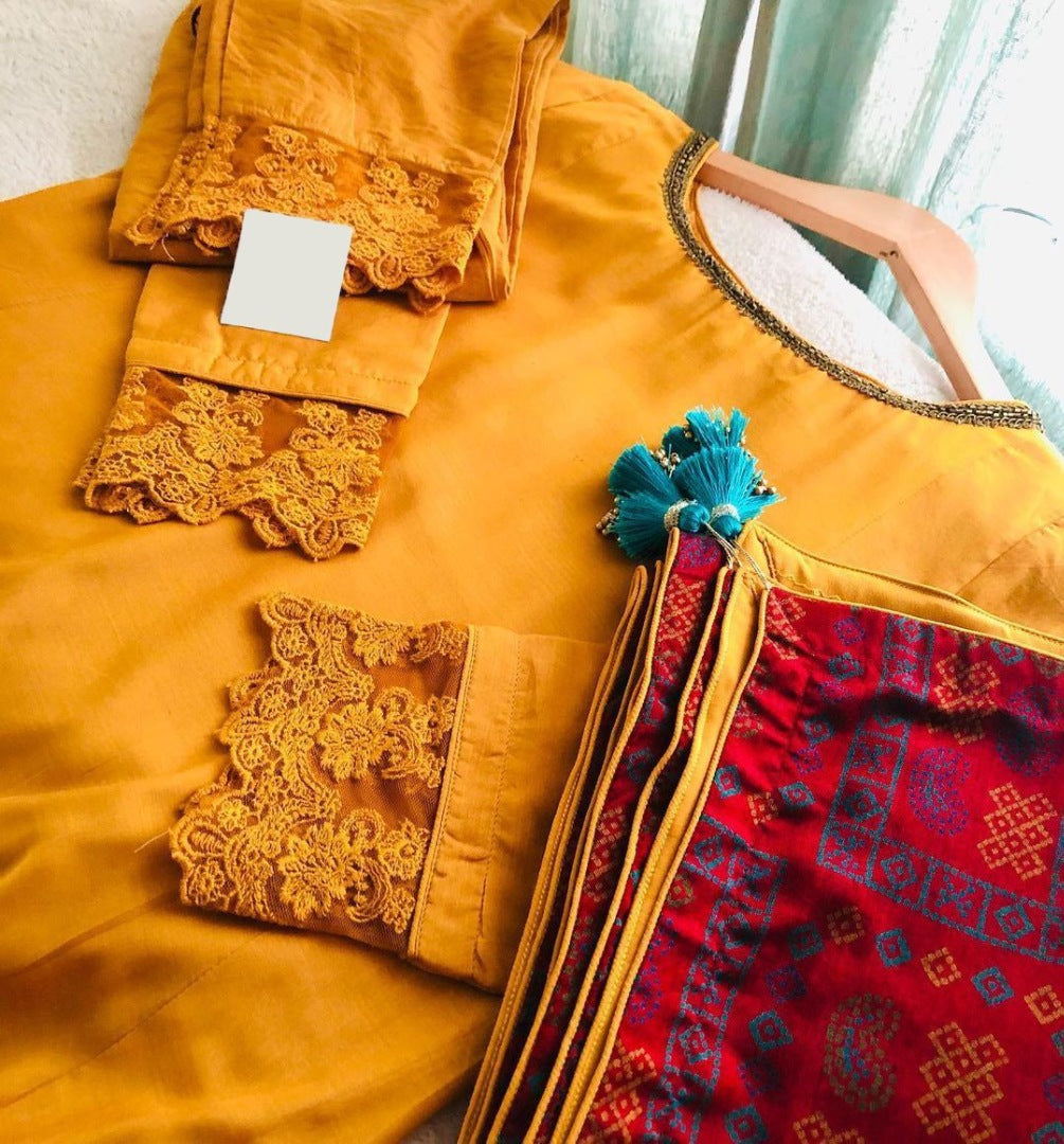 Yellow maslin russel lace salwar suit