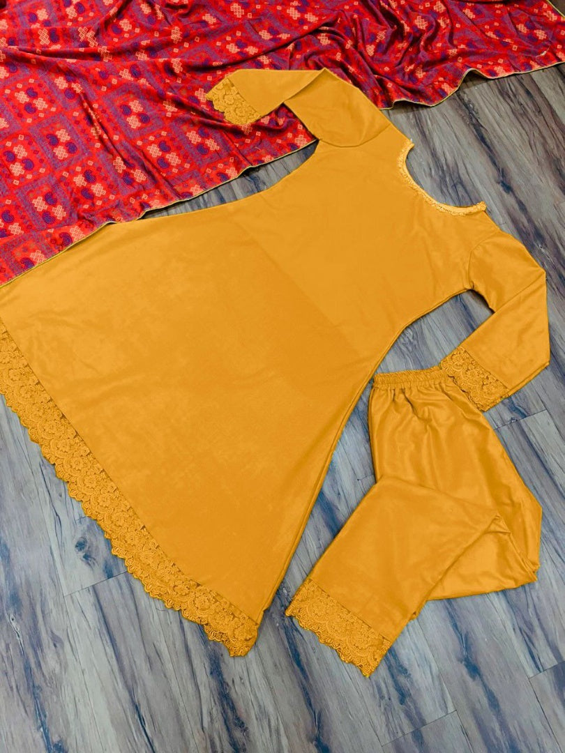 Yellow maslin russel lace salwar suit