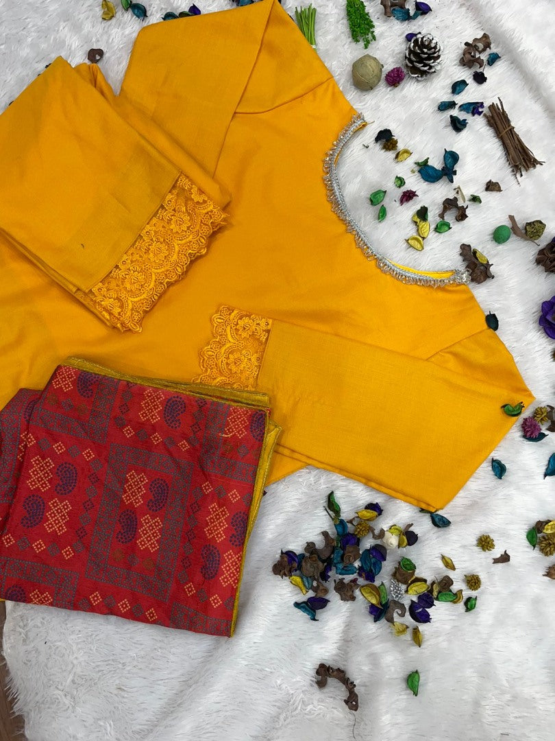 Yellow maslin russel lace salwar suit