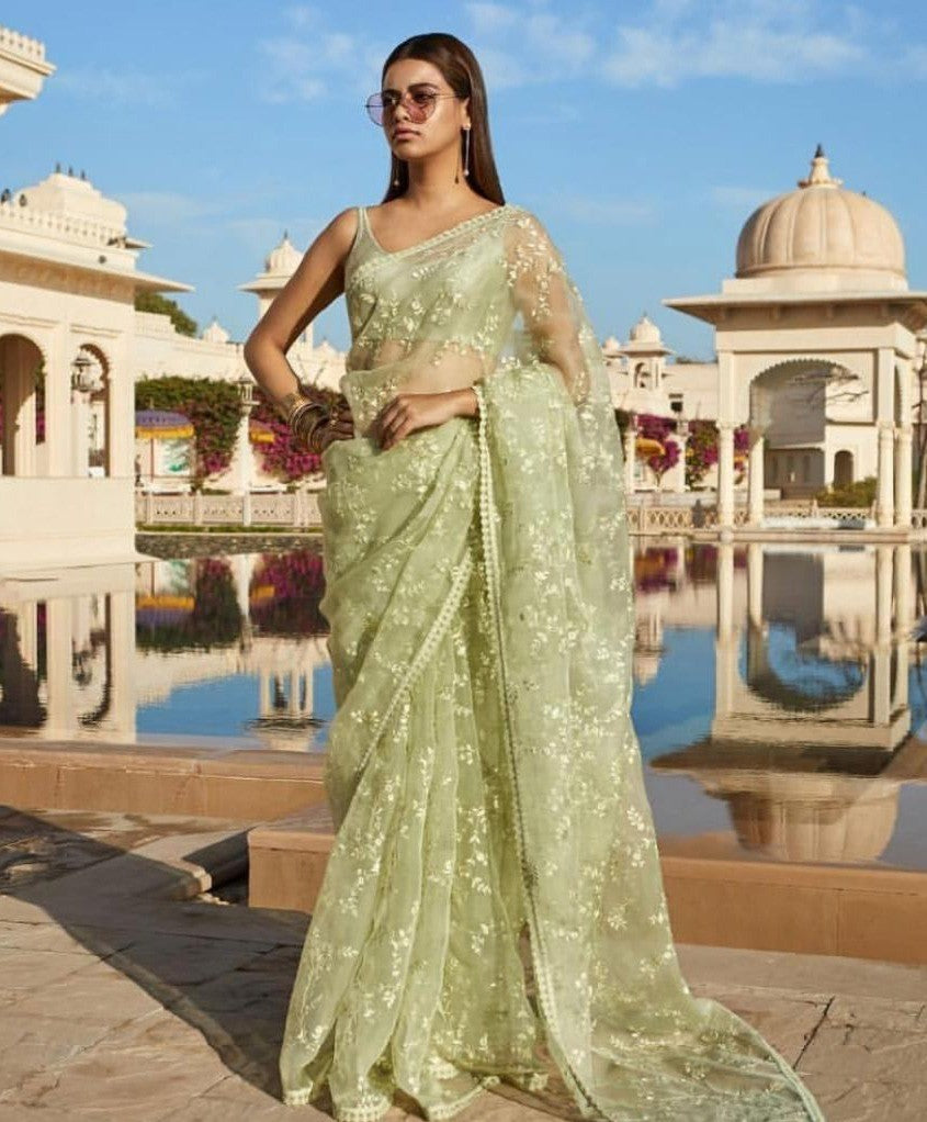 yellow mono net embroidered ceremonial saree