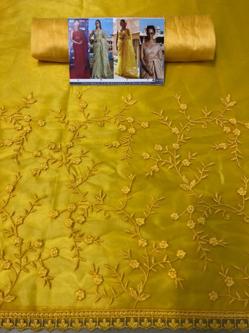 yellow mono net embroidered ceremonial saree