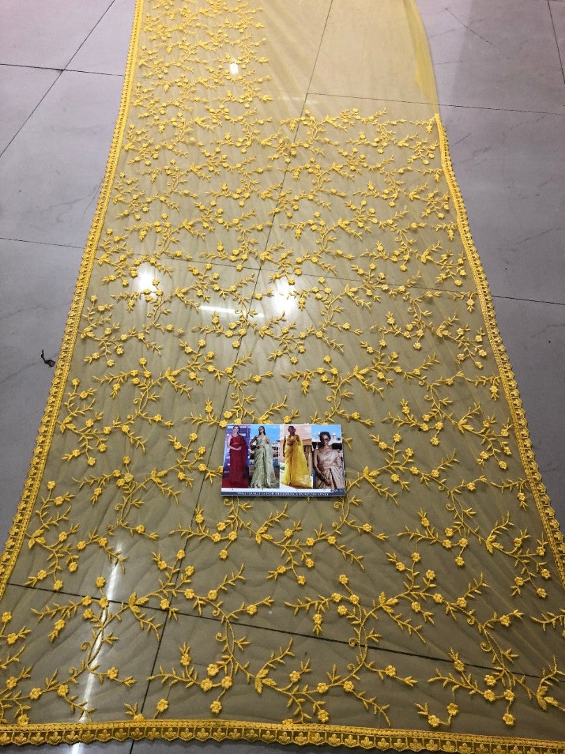 yellow mono net embroidered ceremonial saree