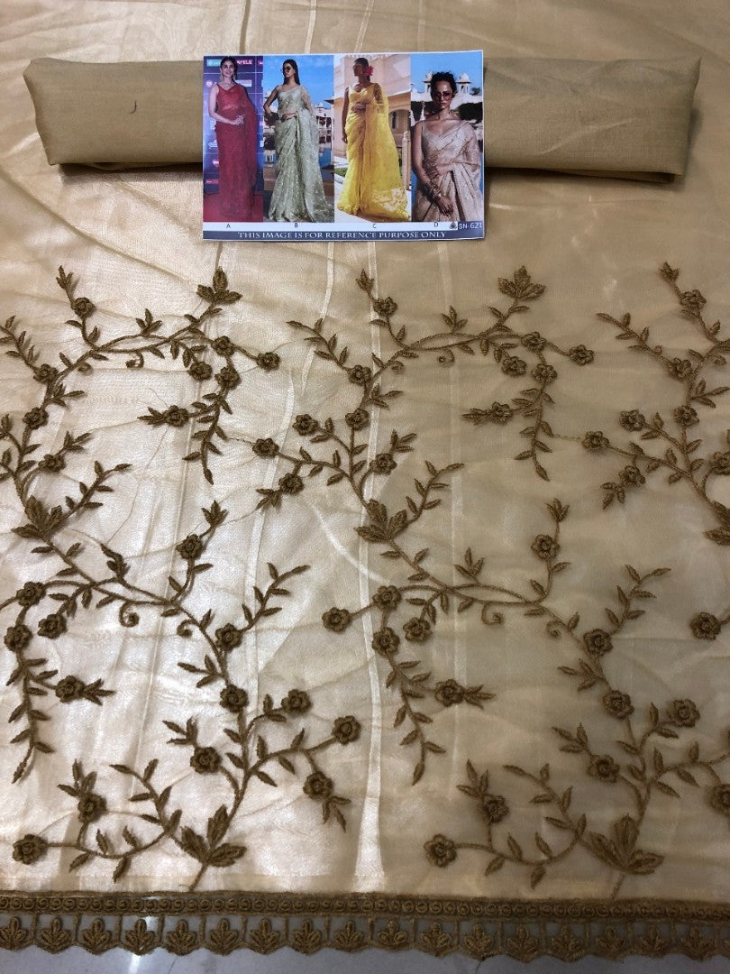 yellow mono net embroidered ceremonial saree