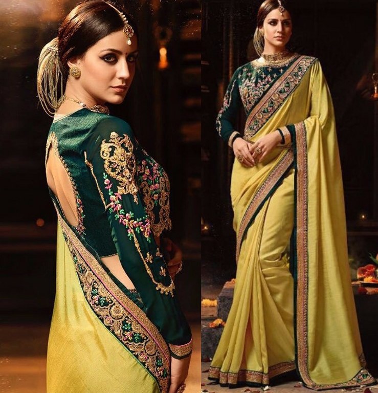 yellow moss chiffon georgette embroidered wedding saree