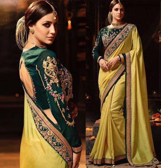 yellow moss chiffon georgette embroidered wedding saree