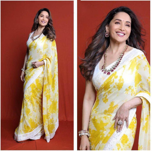 Yellow moss georgette beautiful digital printed casual saree