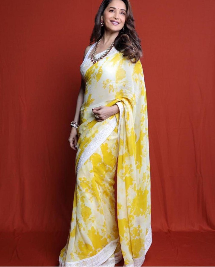 Yellow moss georgette beautiful digital printed casual saree