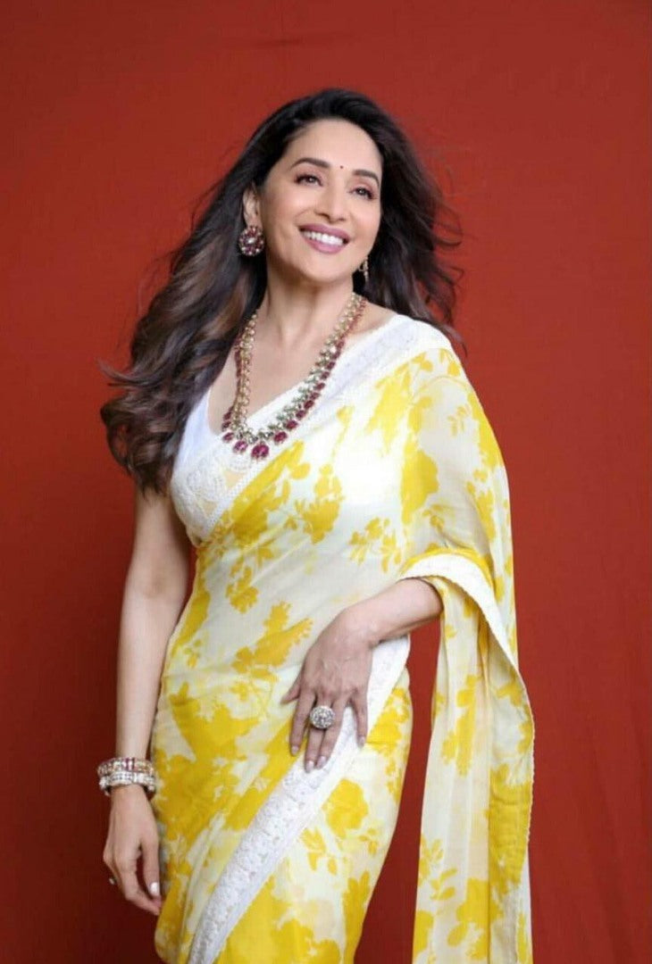 Yellow moss georgette beautiful digital printed casual saree