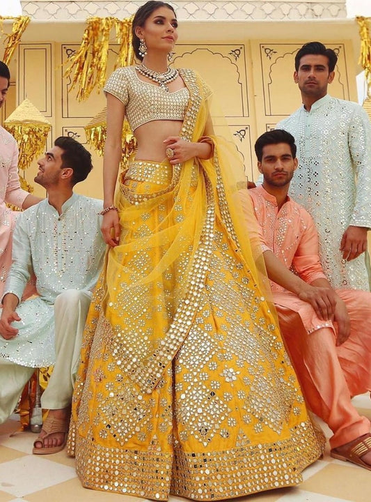 Yellow mulberry silk paper mirror work wedding lehenga choli
