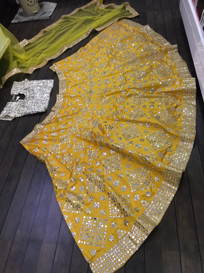 Yellow mulberry silk paper mirror work wedding lehenga choli
