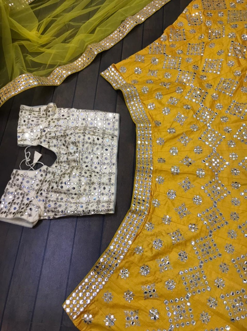 Yellow mulberry silk paper mirror work wedding lehenga choli
