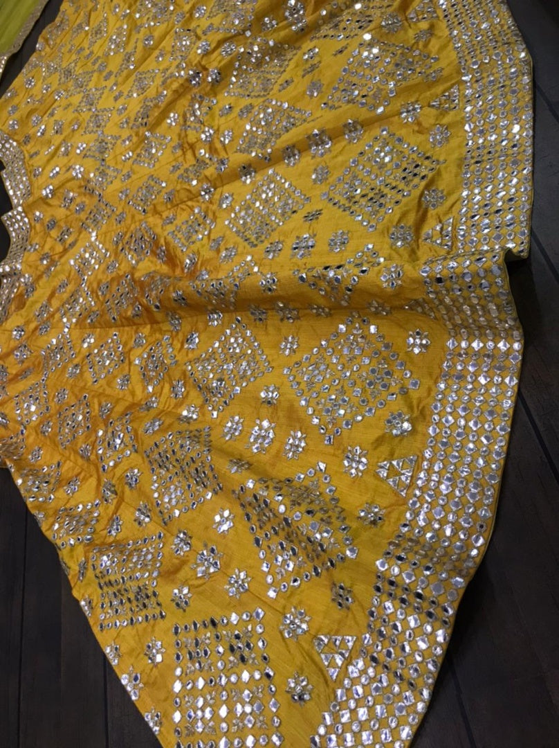 Yellow mulberry silk paper mirror work wedding lehenga choli