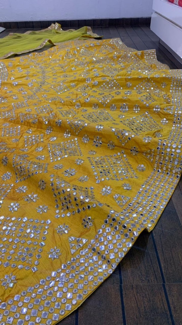 Yellow mulberry silk paper mirror work wedding lehenga choli