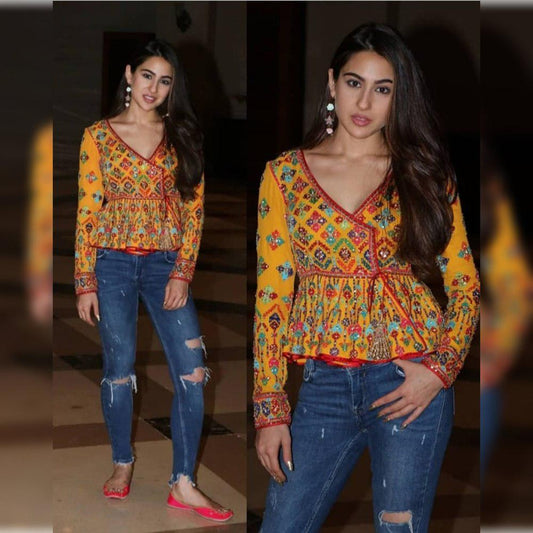 Yellow multi color thread embroidery work festive kurti top