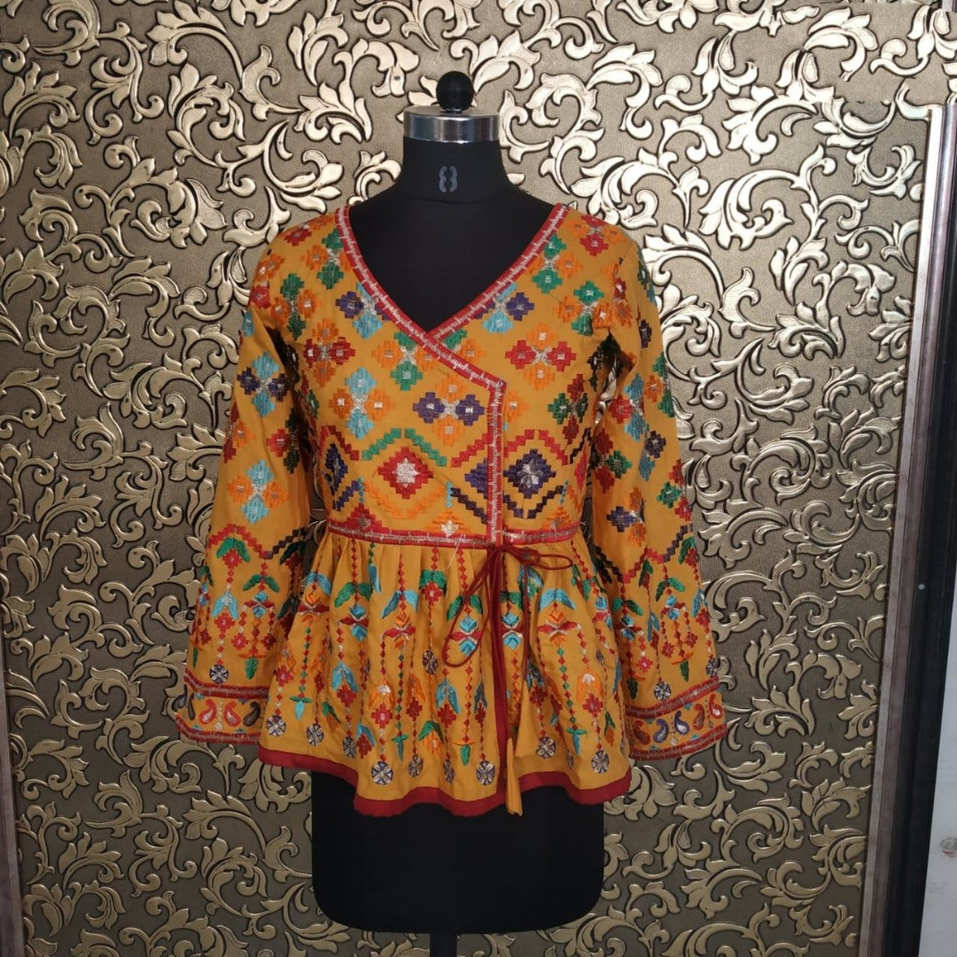 Yellow multi color thread embroidery work festive kurti top