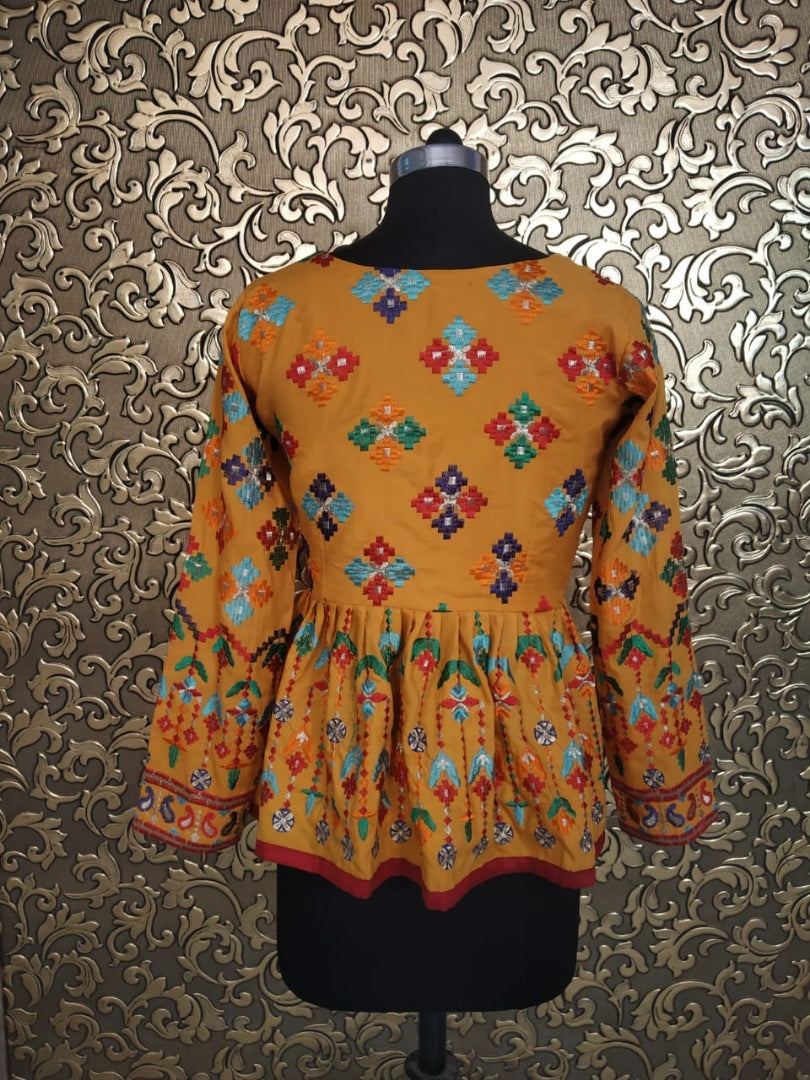 Yellow multi color thread embroidery work festive kurti top