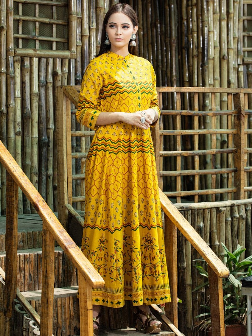 yellow muslin cotton digital printed casual wear gown