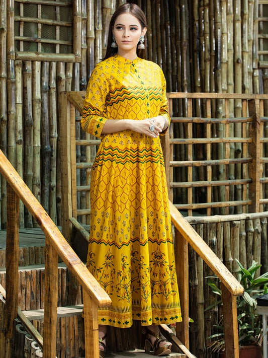 yellow muslin cotton digital printed casual wear gown