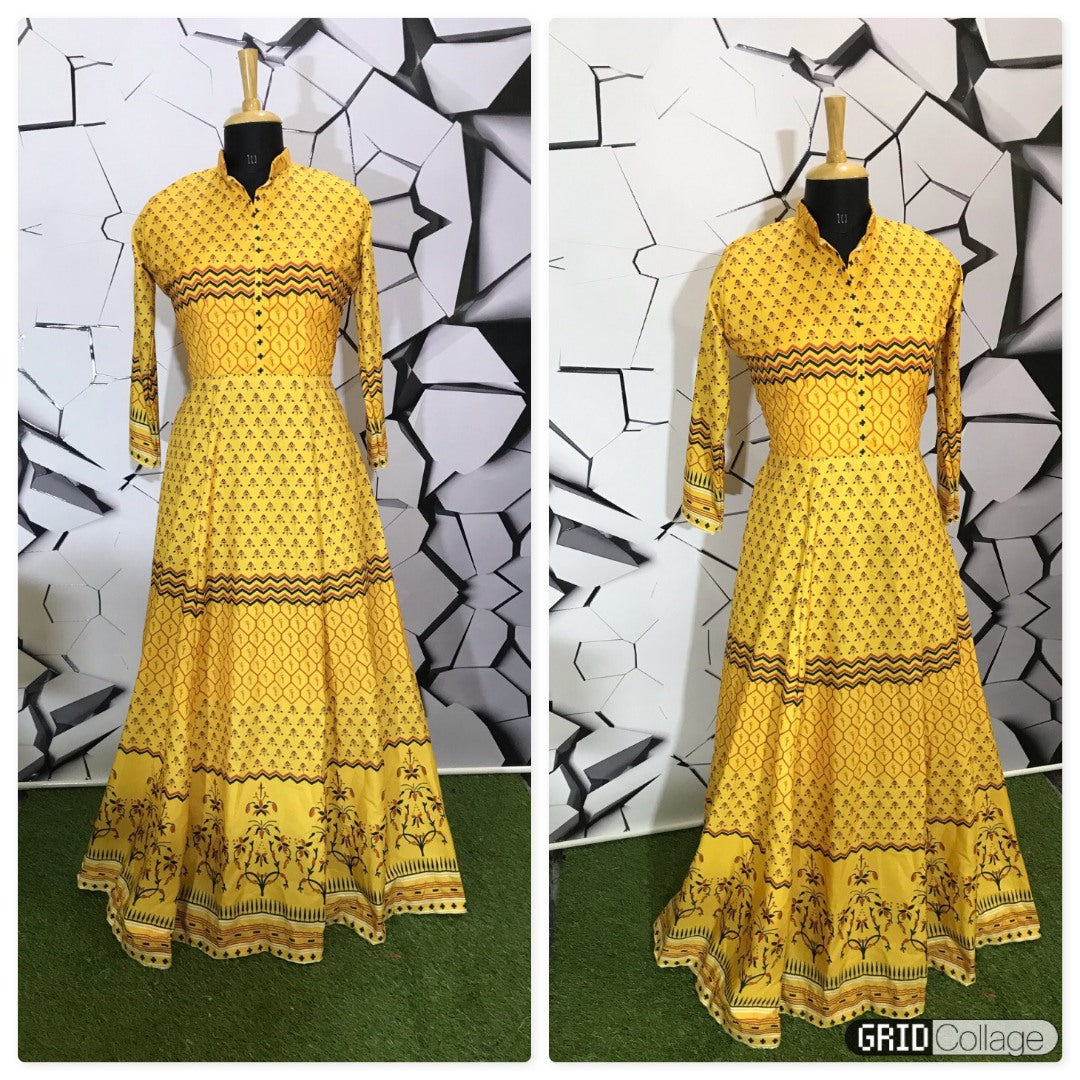 yellow muslin cotton digital printed casual wear gown