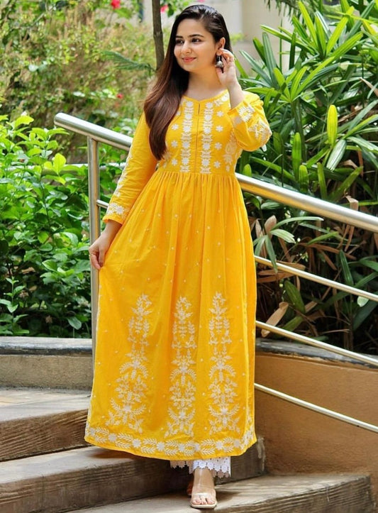 Yellow muslin cotton embroidered with moti work plazzo suit