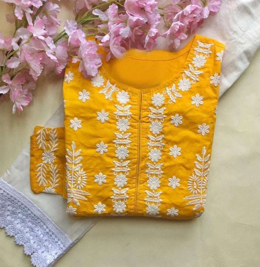 Yellow muslin cotton embroidered with moti work plazzo suit