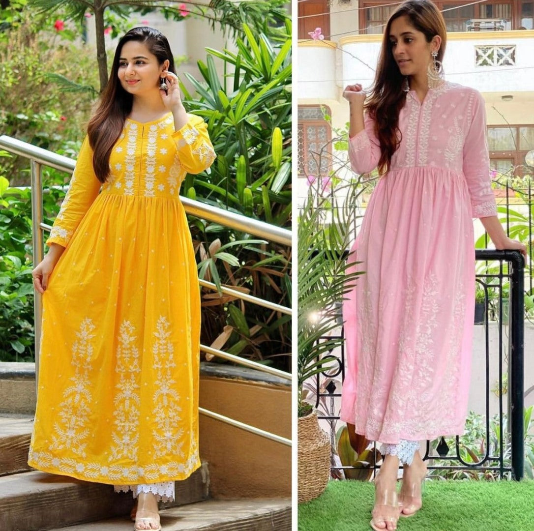 Yellow muslin cotton embroidered with moti work plazzo suit