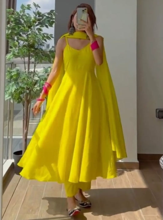 Yellow muslin cotton plain casual anarkali suit