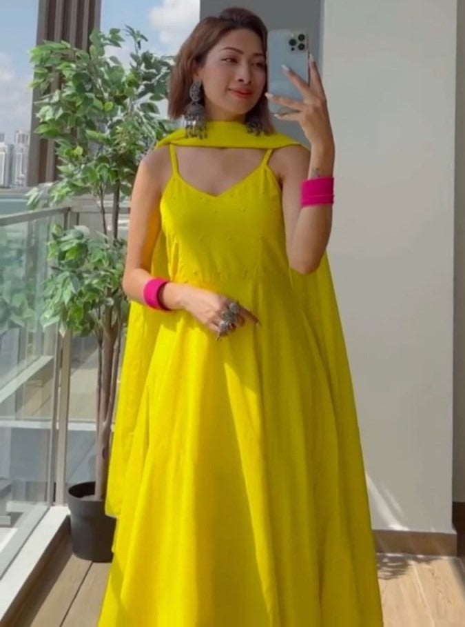 Yellow muslin cotton plain casual anarkali suit
