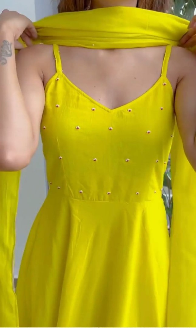 Yellow muslin cotton plain casual anarkali suit