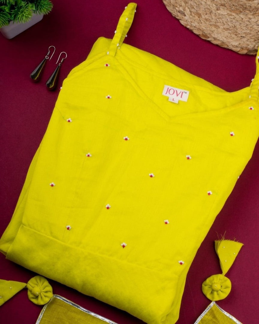Yellow muslin cotton plain casual anarkali suit