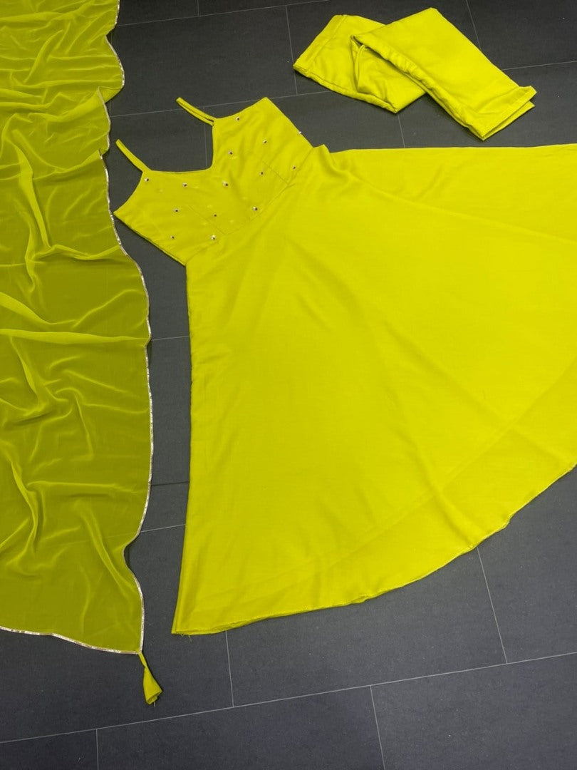 Yellow muslin cotton plain casual anarkali suit