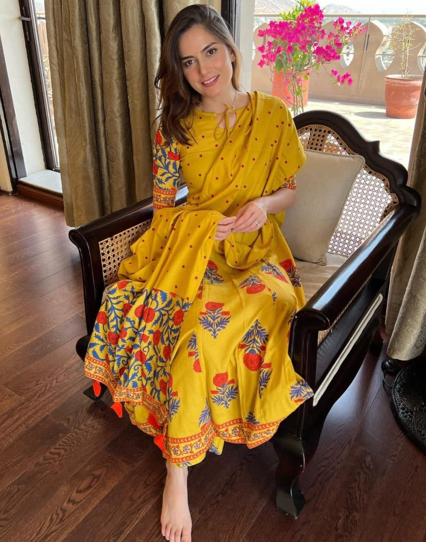 Yellow muslin cotton printed anarkail gown