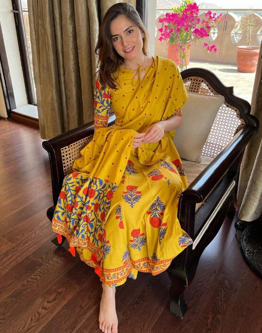 Yellow muslin cotton printed anarkail gown
