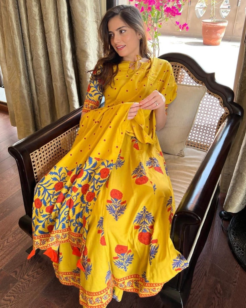 Yellow muslin cotton printed anarkail gown