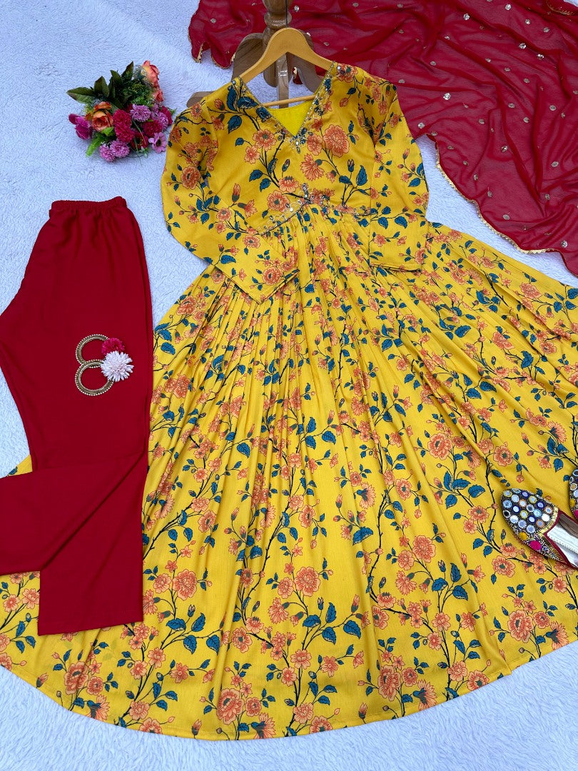 Yellow muslin floral print alia cut salwar suit