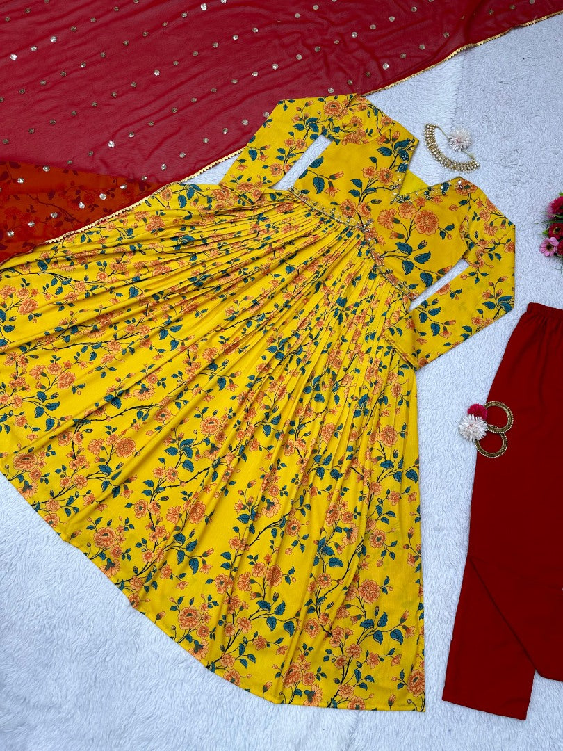 Yellow muslin floral print alia cut salwar suit