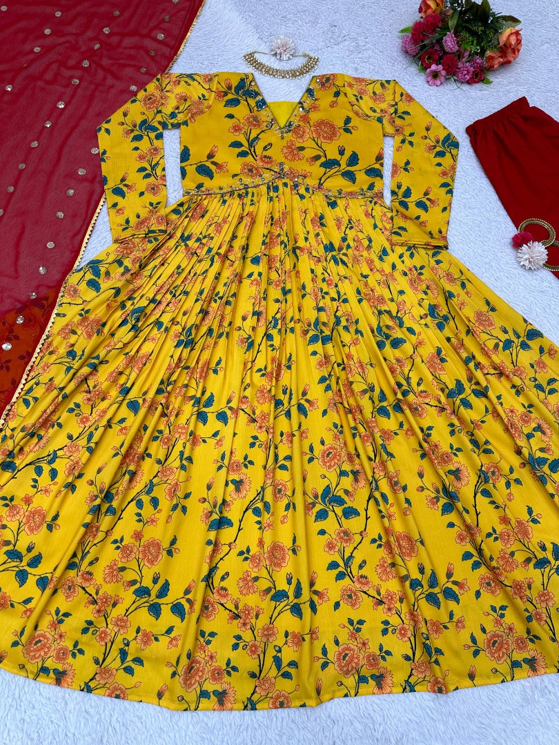 Yellow muslin floral print alia cut salwar suit