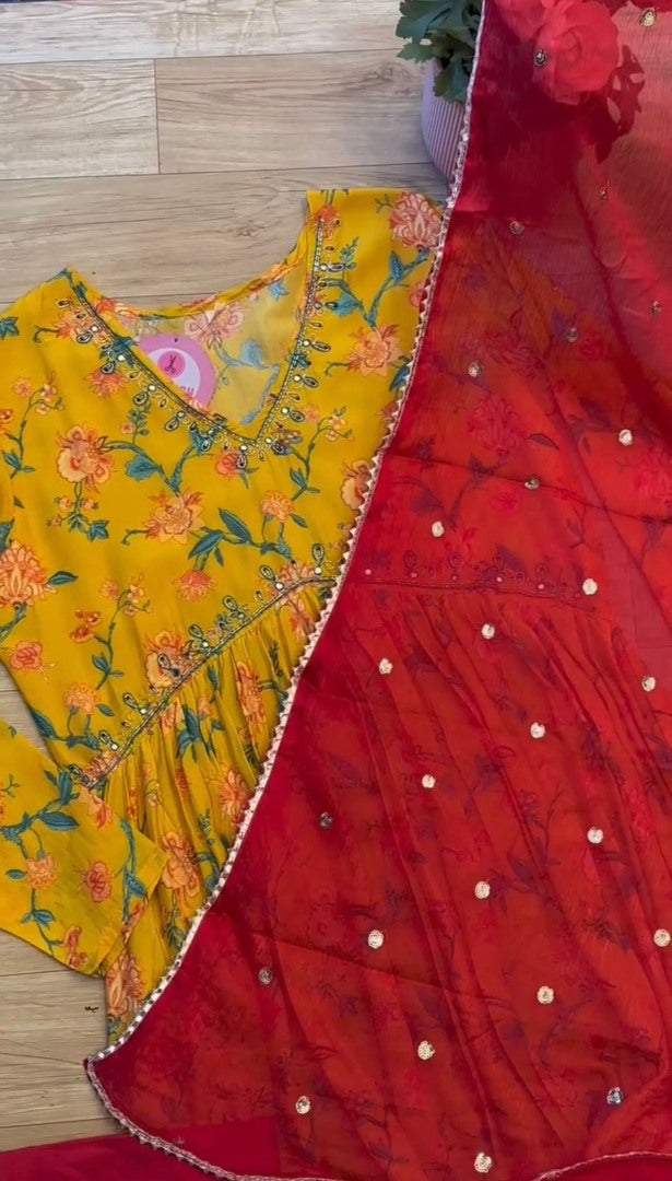 Yellow muslin floral print alia cut salwar suit