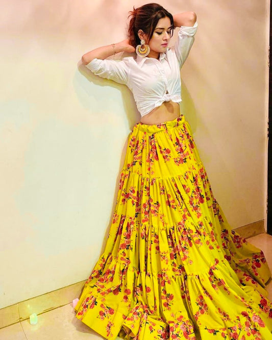 Yellow muslin silk floral printed crop top lehenga