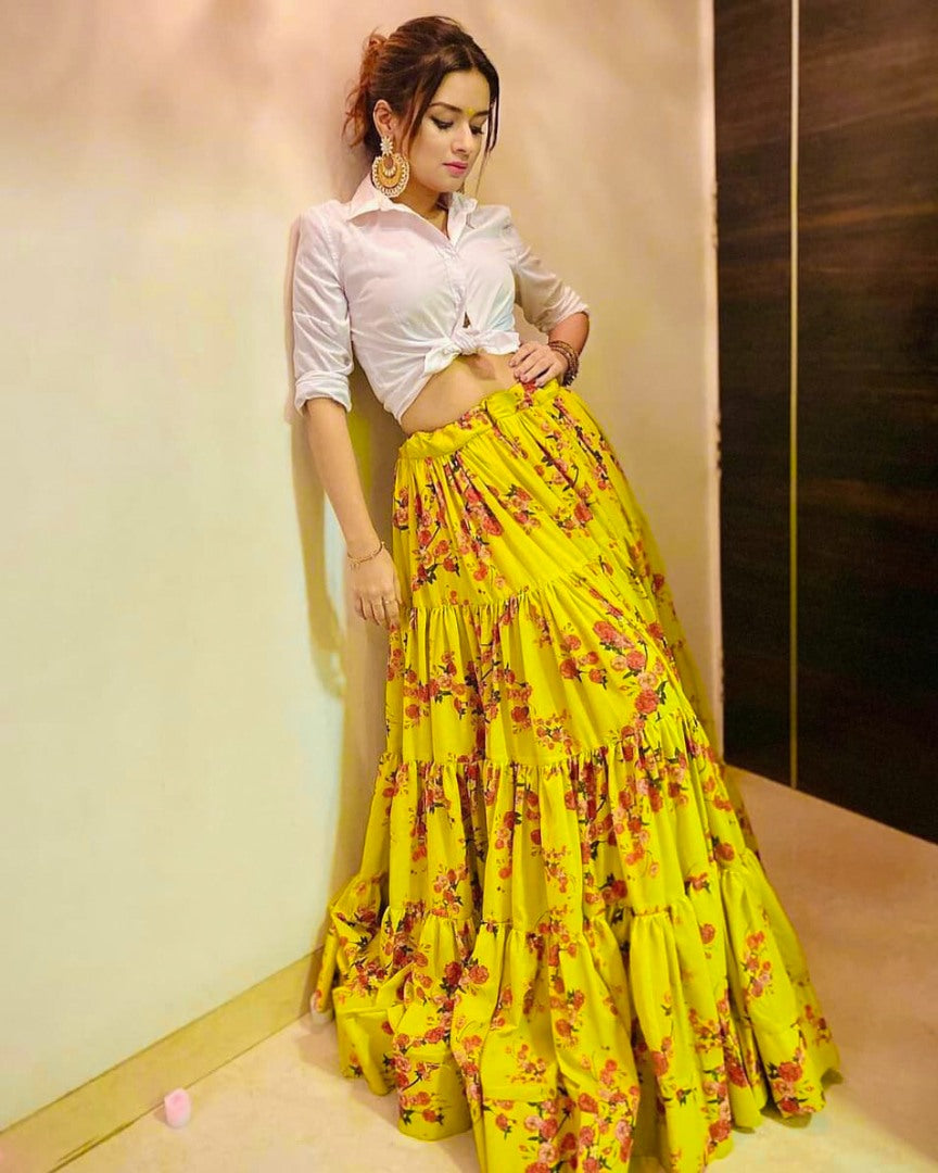 Yellow muslin silk floral printed crop top lehenga
