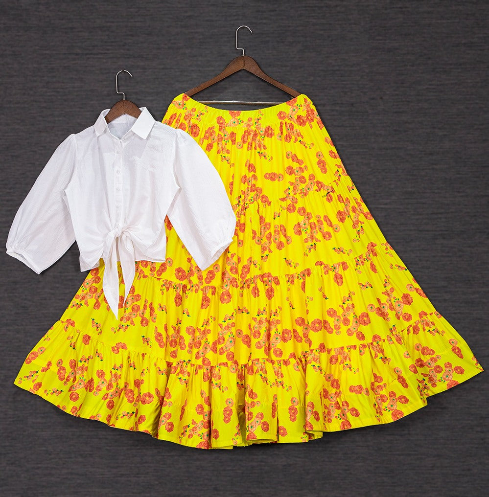 Yellow muslin silk floral printed crop top lehenga