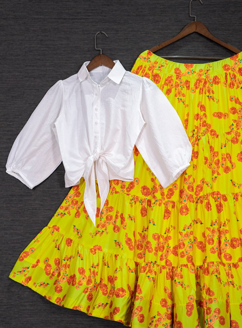 Yellow muslin silk floral printed crop top lehenga