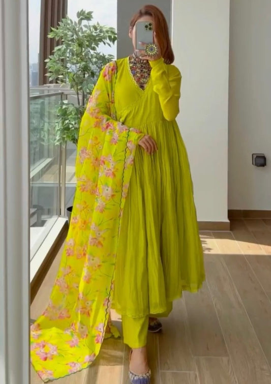 Yellow muslin silk kedia style anarkali palazzo suit