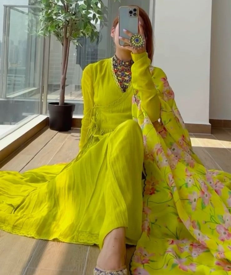 Yellow muslin silk kedia style anarkali palazzo suit