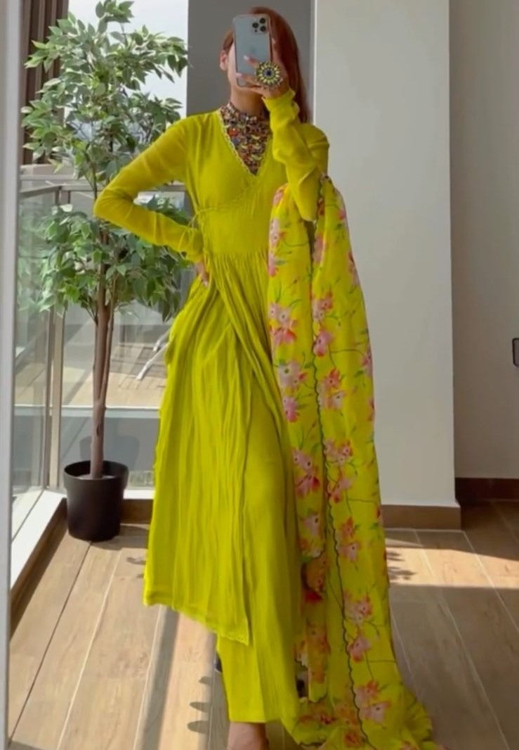 Yellow muslin silk kedia style anarkali palazzo suit