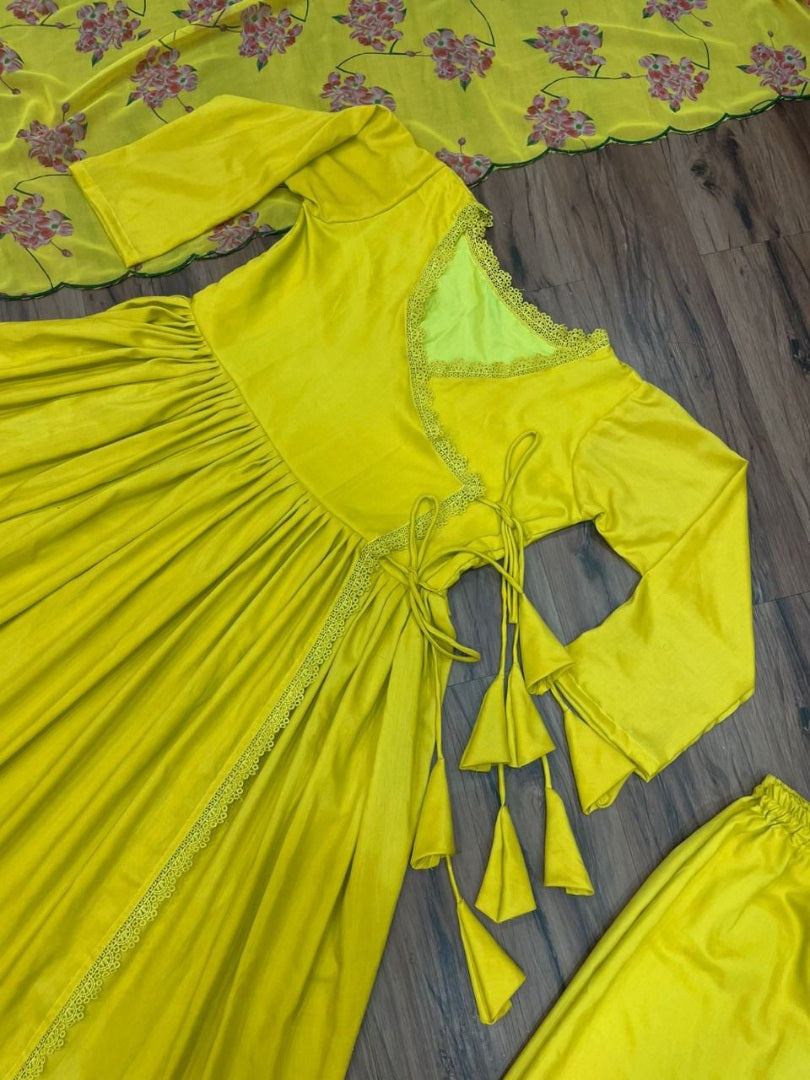 Yellow muslin silk kedia style anarkali palazzo suit