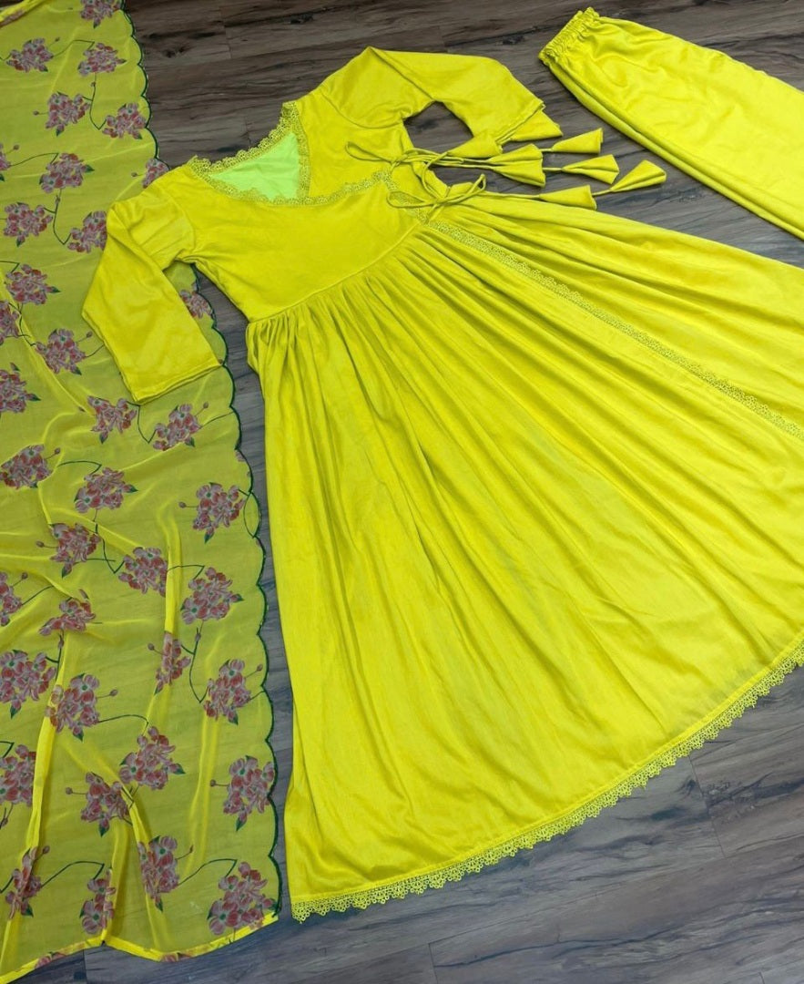 Yellow muslin silk kedia style anarkali palazzo suit